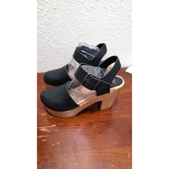 NO.6 Women's Black Leather Old School Slingback Clogs Wooden Heel US 7/ EU 37 - Picture 4 of 9
